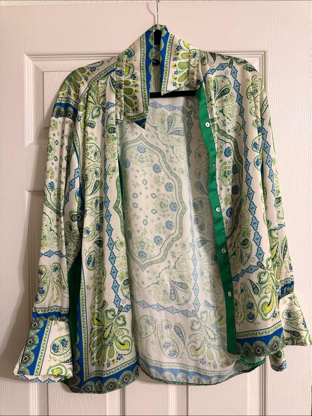Zara Women's Paisley Button-Down Shirt in White, Green and Blue